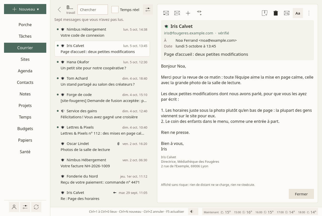 Un message ouvert à côté de la liste : au-dessus, Répondre, Transférer, Ajouter, Lier à…, Archiver et Supprimer ; puis son expéditeur, son adresse marquée « vérifié », à qui et quand, l’objet ; puis son texte, la signature estompée, et en bas « Affiché sans risque : rien de distant ne se charge, rien ne s’exécute. »