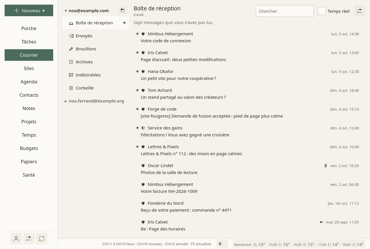 La page Courrier : une adresse dépliée avec ses dossiers (Boîte de réception, Envoyés, Brouillons, Archives, Indésirables, Corbeille) et une autre repliée en dessous ; au milieu, la boîte de réception : « Sept messages que vous n’avez pas lus. », puis une ligne par message avec qui, quoi et quand, un petit point devant ceux qui ne sont pas lus ; un champ de recherche et la case Temps réel en haut.